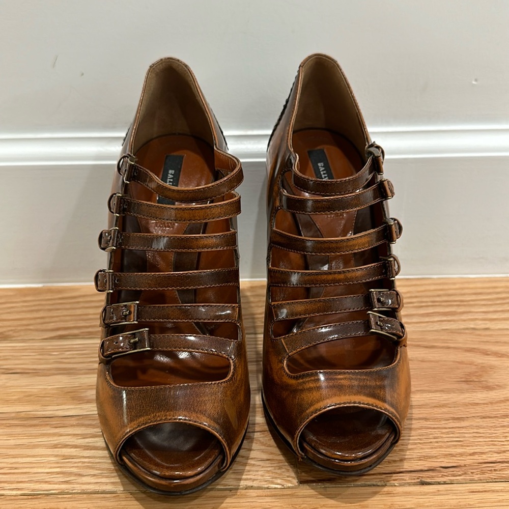 Vintage Bally Guniga Brown Leather Peep Toe Strappy Pumps | Sz 37 EU | New NoBox
